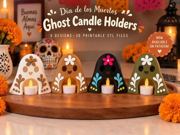 Four Día de los Muertos ghost candle holders